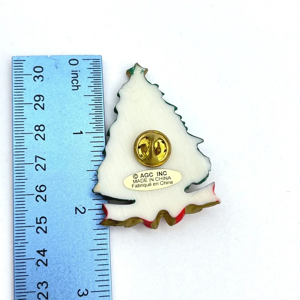 Vintage AGC Inc Christmas Tree Pin Brooch Red Bow Green Enamel Star‎ Moon